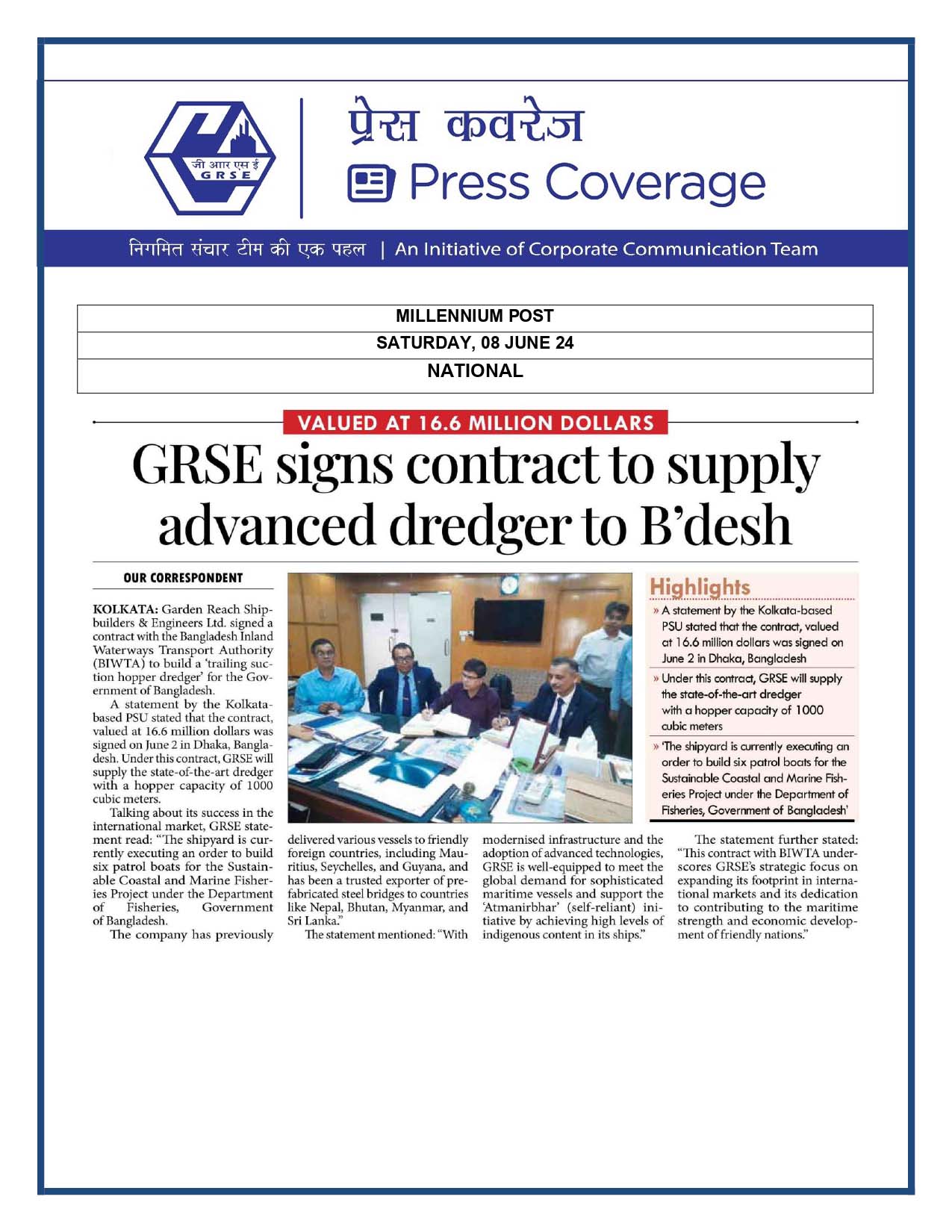 Press Coverage : Millennium Post, 08 Jun 24 : GRSE signs contract to supply advanced dredger to Bangladesh